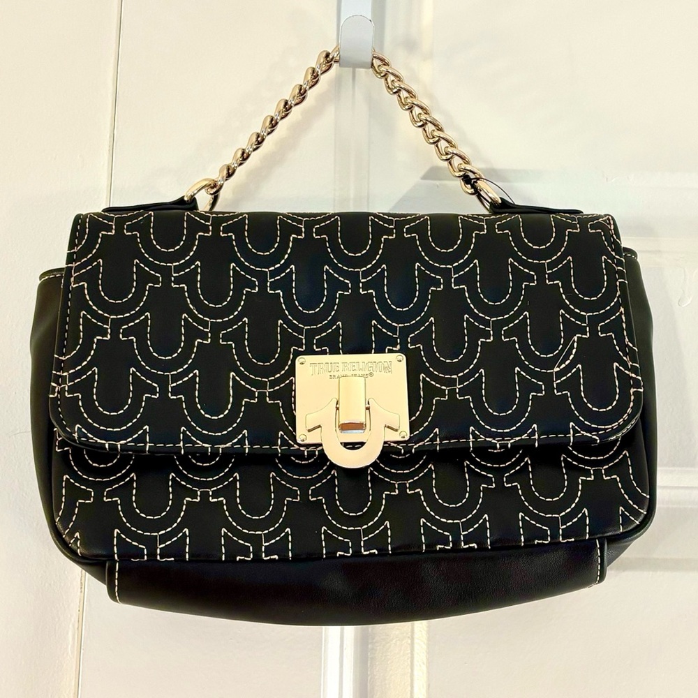 TRUE RELIGION Black Horseshoe Stitched Gold-Tone Crossbody Handbag